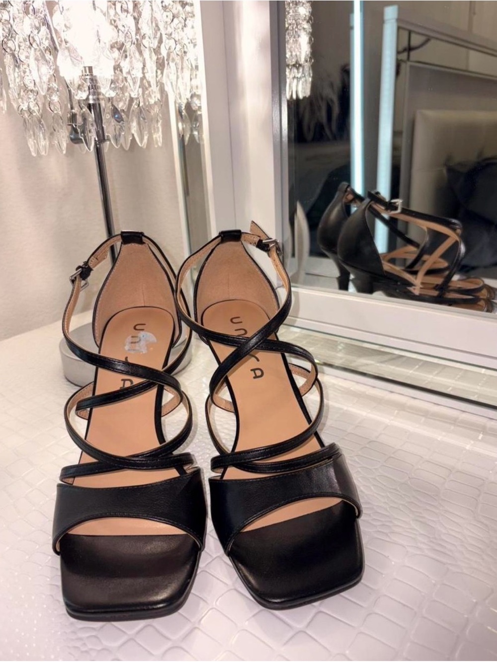 Unisa Black Strappy Square-Toe Heeled Sandals